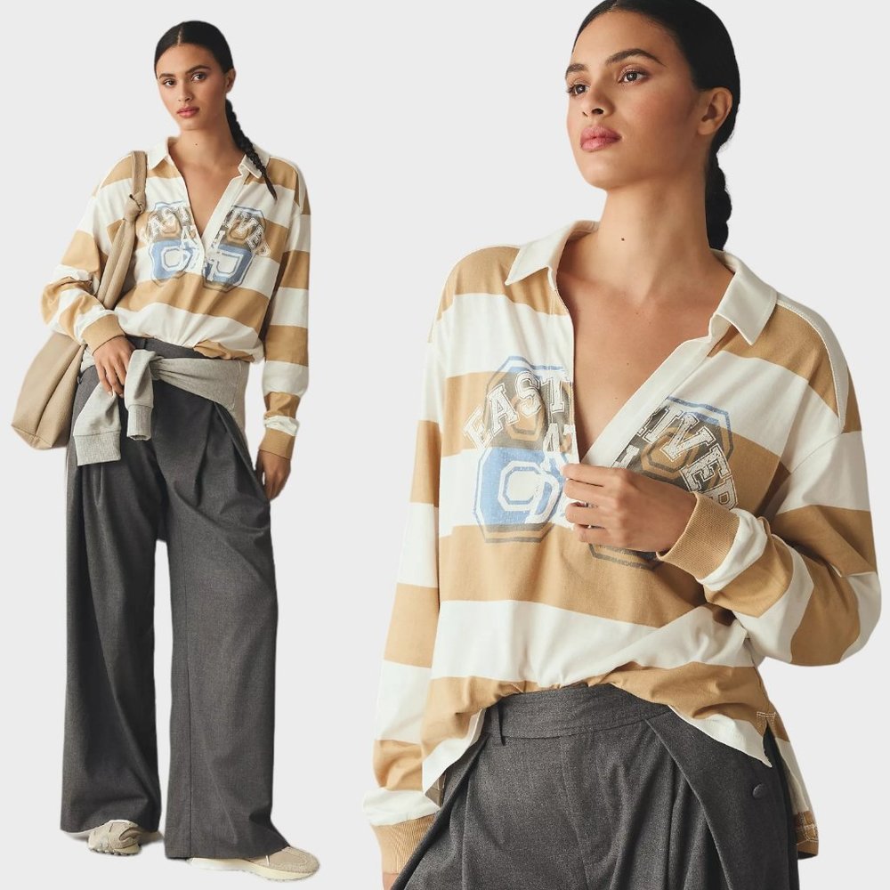 NWOT Pilcro Rugby Oversized Tan Stripe Preppy Long Sleeve Shirt Women's Size S